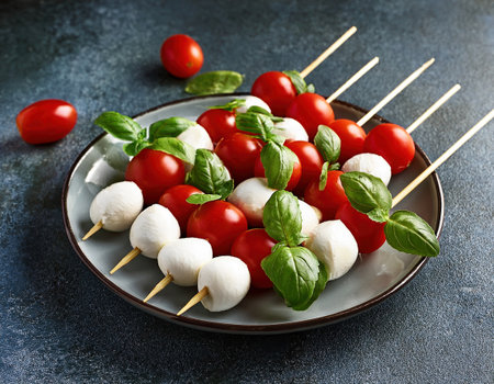 Colorful skewers burst with flavor from mozzarella, cherry tomatoes, and fresh basil in summer.の素材