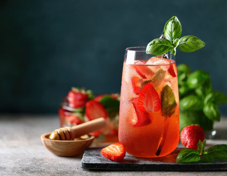 A delightful drink showcases fresh strawberries and basil, perfect for summer relaxation.の素材