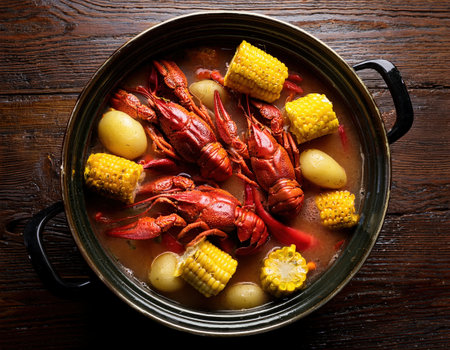 A festive crawfish boil with fresh corn and potatoes is perfect for summer.の素材