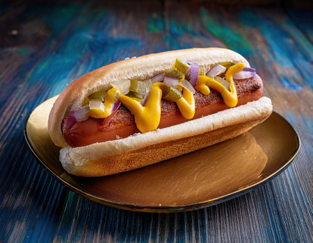 Savor a juicy hot dog with tangy mustard, crunchy onions, and pickles, perfect for summerの素材