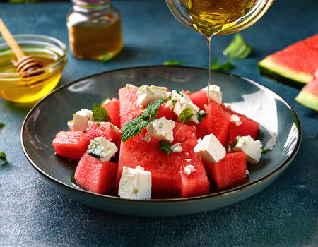 Delicious watermelon salad with feta and mint drizzled with honey and olive oil on a sunny day.の素材