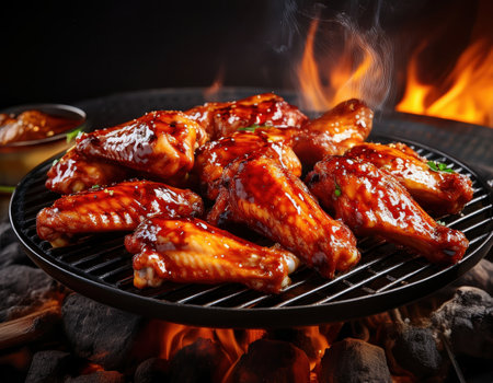 Juicy chicken wings basted in rich sauce sizzle on the grill, surrounded by summer warmth and fire.の素材