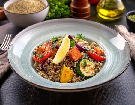 A vibrant summer quinoa salad with fresh veggies and a lemon slice for a healthy meal.の素材