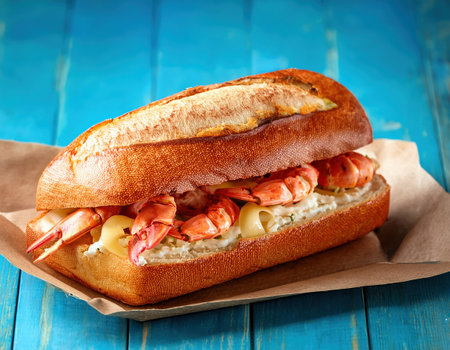 A delicious shrimp sandwich rests on brown paper, ready to be enjoyed in the summer sun.の素材