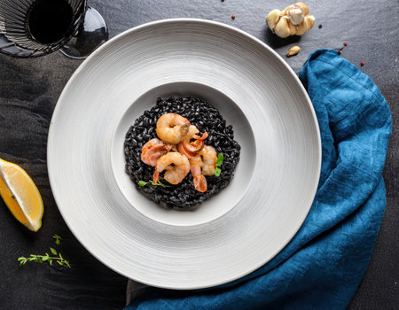 A refreshing summer dish highlights shrimp on a bed of black rice, garnished with herbs and citrus.の素材