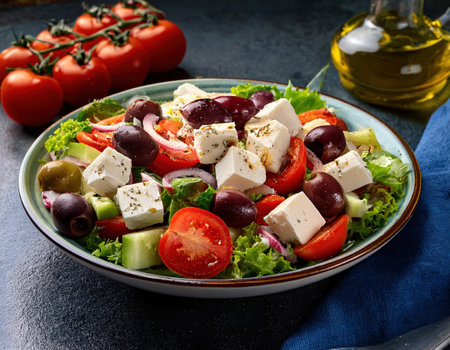 A colorful assortment of fresh vegetables and cheese highlight a delightful summer feast outdoors.の素材