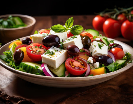 Vibrant salad with tomatoes, cucumbers, olives, and feta, perfect for summerの素材