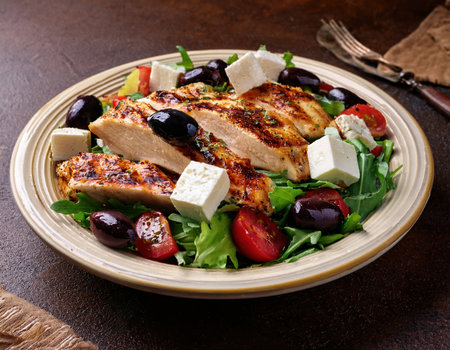 Fresh salad with grilled chicken, ripe tomatoes, olives, and creamy cheese for summer days.の素材