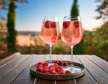 Enjoying delightful raspberry drinks on a warm summer evening with scenic views.の素材