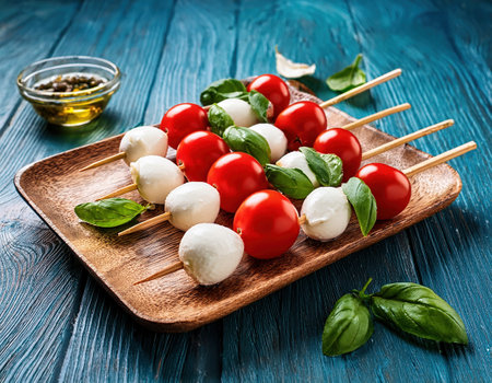 Tasty skewers with tomatoes, mozzarella, and basil, ideal for summer picnicsの素材