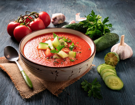 A vibrant bowl of gazpacho sits among fresh summer vegetables, evoking a sense of summer joy.の素材