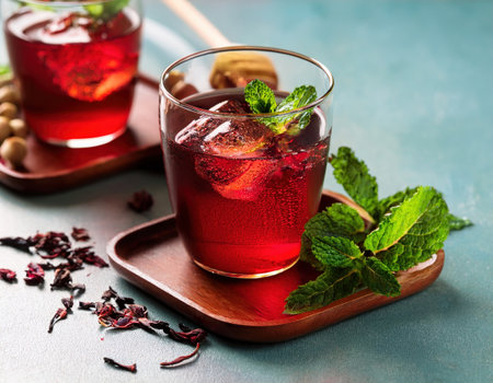 Enjoying a chilled drink with mint leaves and hibiscus on a sunny summer dayの素材