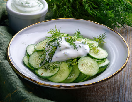 Crisp cucumber slices topped with creamy dressing and herbs, perfect for summer picnics or meals.の素材