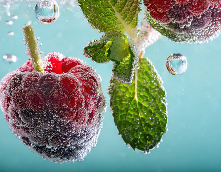 Raspberries and mint leaves float in vibrant bubbles, capturing the essence of summer refreshment.の素材