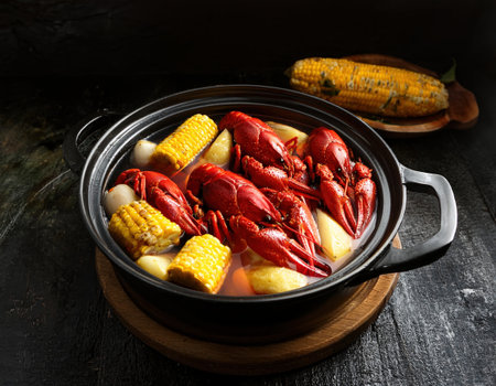 A pot filled with bright red crawfish, corn, and potatoes captures the essence of summer dining.の素材