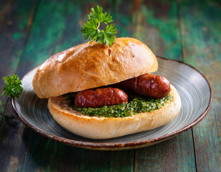 Enjoying a freshly made sandwich featuring sausages and vibrant herb sauce in warm summer sunlight.の素材