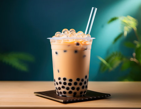Cool beverage with tapioca pearls sits on a wooden table in a bright atmosphere, ideal for summer.の素材