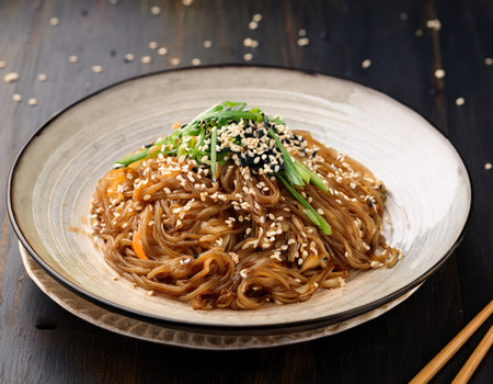 Delicious noodles adorned with sesame seeds and fresh greens evoke summer culinary joys.の素材