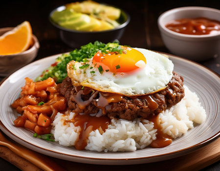 A bright summer day brings a delightful plate of rice topped with savory beef and a sunny egg.の素材