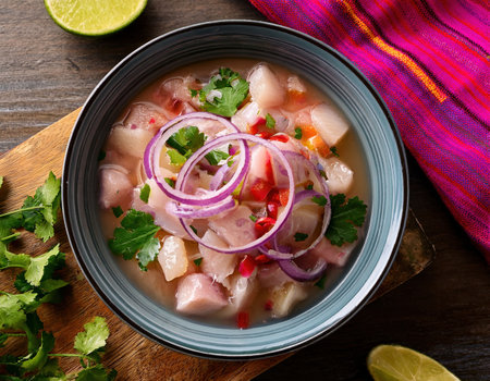 Fresh ceviche featuring diced fish, vibrant vegetables, and aromatic herbs on a warm summer dayの素材
