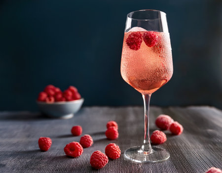 Chilled raspberry beverage glistens in sunlight, surrounded by fresh fruits on a wooden table.の素材