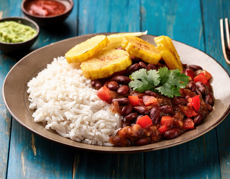 A vibrant plate showcases a summer meal of rice, beans, and crispy plantains with cilantro.の素材