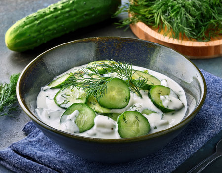 Crisp cucumbers and fresh dill mixed in creamy yogurt, perfect for summer gatherings.の素材