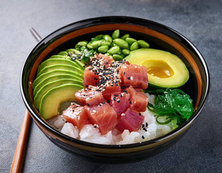 Enjoy a fresh summer sushi mix with avocado, tuna, and greensの素材