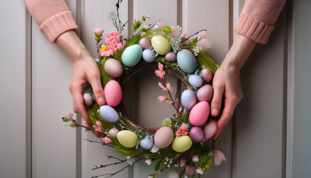 Hands delicately hold a vibrant easter wreath made of flowers and colorful eggs for spring joy.の素材