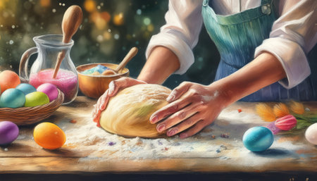 Hands knead dough beside vibrant eggs, creating a festive atmosphere for the Easter holiday.の素材