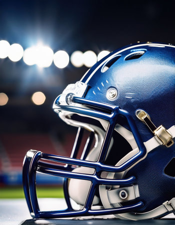 A well-crafted football helmet shines brightly during intense gameplay in the stadium.の素材
