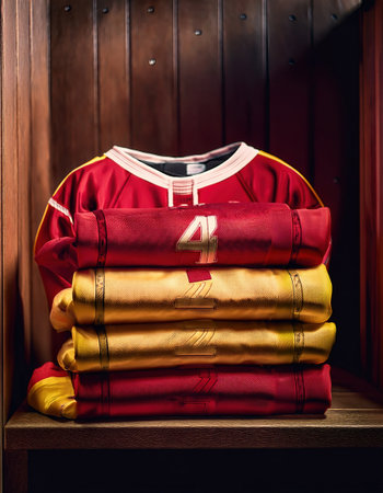 Colorful team jerseys neatly arranged, ready for the next exciting game day experienceの素材