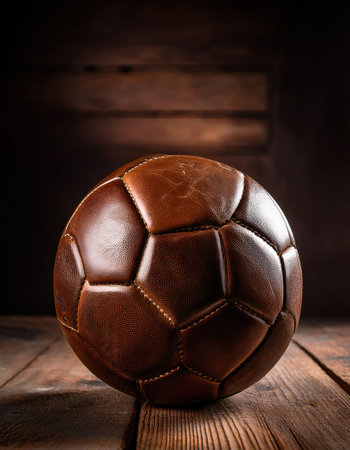 A vintage soccer ball made of rich leather sits on a weathered wooden table, exuding charm.の素材