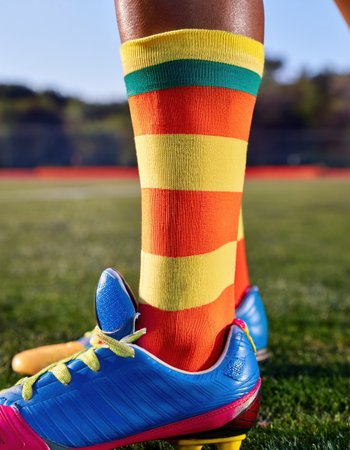 A player showcases bright striped socks and cleats while engaged in team training on green turf.の素材