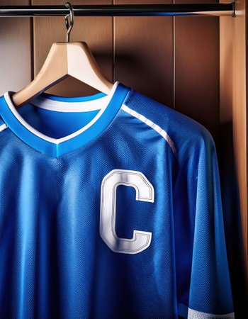 A blue captain jersey hangs in a sports locker, symbolizing teamwork and pride.の素材