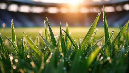 Morning sunlight illuminates dew-covered grass in a serene stadium, awaiting team activities.の素材