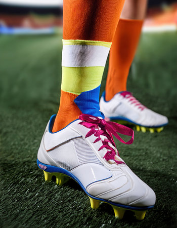 Colorful soccer cleats showcase their style on the lush grass just before the match begins.の素材