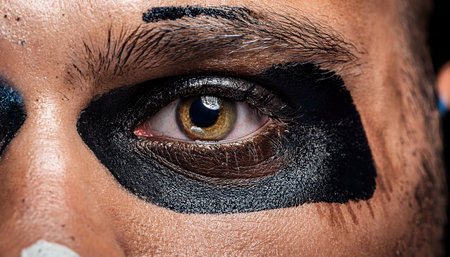 An athlete adorned with face paint displays determination and focus before the match.の素材