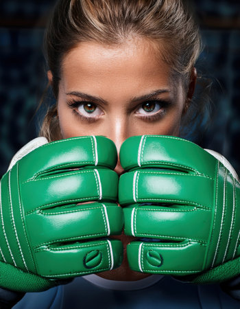 A dedicated sportswoman stands ready for competition, showcasing her intense focus and passion.の素材