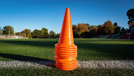 Bright orange training cones line the field under clear blue skies, ready for team drills.の素材