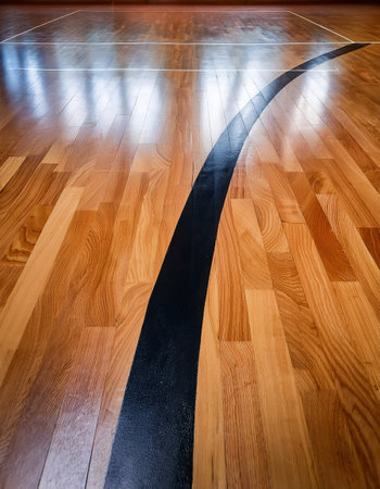 A polished wooden surface reflects light, revealing a curved black line, hinting at future games.の素材