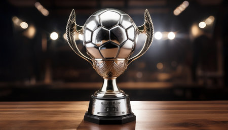 A detailed silver trophy shines brightly amidst dim lighting, celebrating athletic achievement.の素材