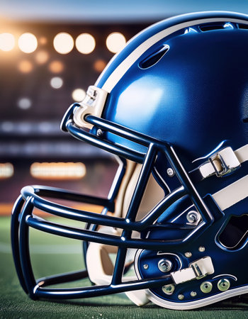 A blue football helmet sits poised on the field, illuminated by bright stadium lights.の素材