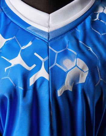 Close-up view of a vibrant blue sports jersey featuring unique patterns, representing teamwork.の素材