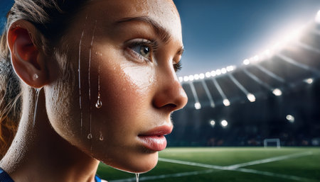 Sweat glistens as the athlete concentrates on the competition under bright stadium lights.の素材