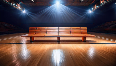 Bright lights shine on a wooden bench in a spacious sports arena, evoking calm anticipation.の素材