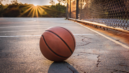 A basketball lies motionless on the cracked asphalt of an outdoor court as sunlight sets.の素材