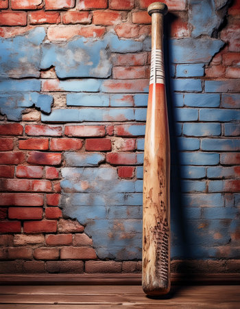 An old wooden baseball bat leans against a vibrant brick wall, showing its rustic charm.の素材