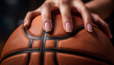 A focused woman grips the textured surface of a basketball, ready for a match in a gym.の素材