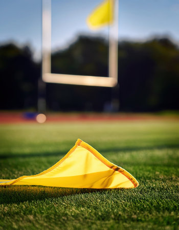 A bright yellow flag rests on the lush green grass, signaling the spirit of competition at sunset.の素材